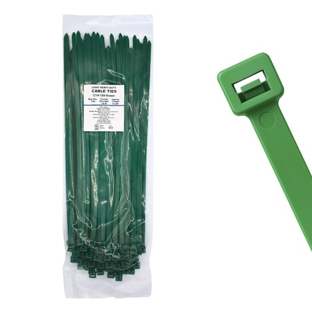 Cable Ties Unlimited Cable Tie, 14 in L, 120 lb Strength, 4 in Max Bundle Dia, Nylon 6/6, Green 100PK C14-120-Green