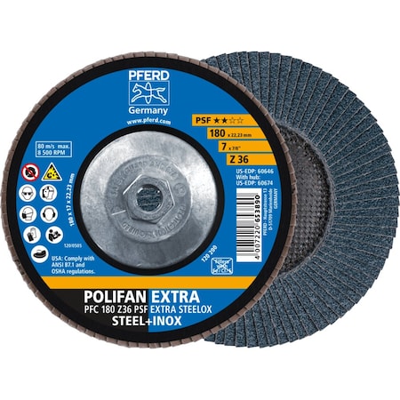 Pferd 7'' x 5/8-11 Thd. POLIFAN Flap Disc - Z PSF EXTRA STEELOX, Zirconia, 36 Grit, Conical 60674
