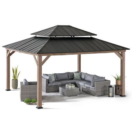 Sunjoy Archwood 13 ft. x 15 ft. Cedar Framed Gazebo with Brown Steel 2-tier Hip Roof Hard Top A102007772