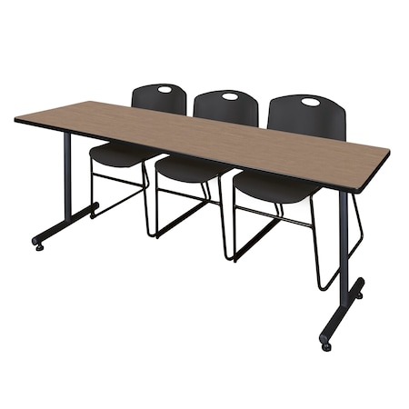 Regency Kobe T-Base Training Seminar Table W/ 2 Zeng Stack Chairs, 84 in W, 24 in L, Noble Oak MKTRCT8424NO44BK
