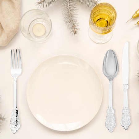 Smarty Had A Party Shiny Metallic Silver Baroque Plastic Cutlery Set - Spoons, Forks and Knives (600 Guests), 1800PK 7959-SBQCS-CASE