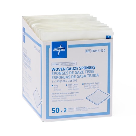 Medline Woven Sterile 8-Ply Gauze Sponges, USP Type VII, 2in x 2in in 2-Packs, 100PK PRM21420Z
