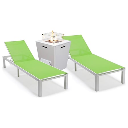 Leisuremod Marlin White Aluminum Patio Chaise Lounge Chair Set of 2 with Square Fire Pit Table, Green MLWCF21-77G2