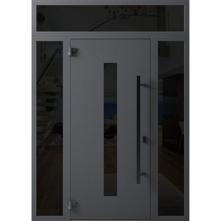 Vdomdoors Front Exterior Prehung Steel Door Ronex0130 Grey 2 Sidelight and Transom Window Sidelite Entry RONEX0130EXD-GRE-W16+36+16 X H80+16-RH-I