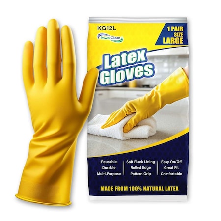 Power Clean DISPOSABLE LATEX GLOVES - 12in - 14 MIL - LARGE - YELLOW - 12PK KG12L-12