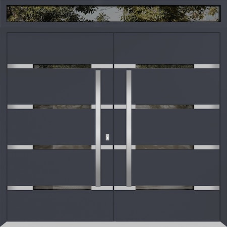 Vdomdoors Metal Double Doors Deux 1105 Gray Graphite Mirrored Glass Top Transom Entry Modern Painted (W72xH96 DEUX1105DEXD-GRE-W72xH96+12-LH-I