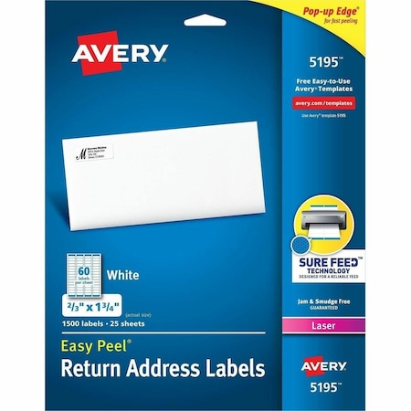 Avery Dennison Return Address Labels, 30Up, White, PK1500 5195