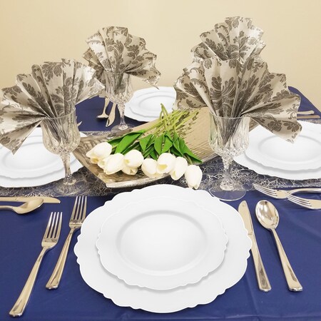 Smarty Had A Party White w/Silver Rim Round Blossom Plastic Dinnerware Set (120 Dinner Plates+120 Salad Plates), 240PK 4840WHS-VP-CASE