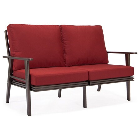 Leisuremod Walbrooke Modern Outdoor Patio Loveseat with Brown Aluminum Frame and Removable Cushions, Red WBR-57-27R