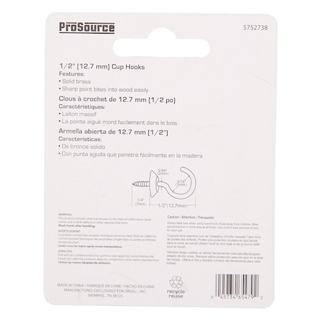 Prosource Cup Hook, 3/16 in Opening, 2.5 mm Thread, 3/4 in L, Brass, Brass LR-388-PS