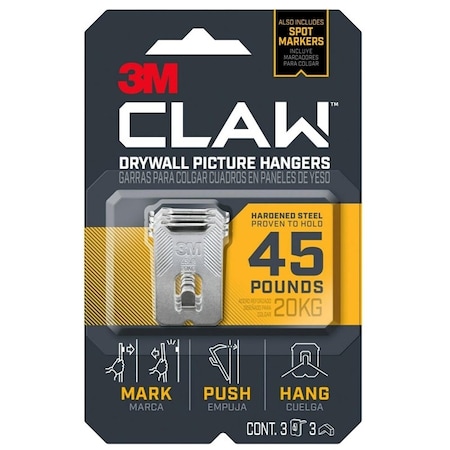 Claw 3M Drywall Picture Hanger, 45 lb, Steel, Push-In Mounting, 3PK 3PH45M-3ES