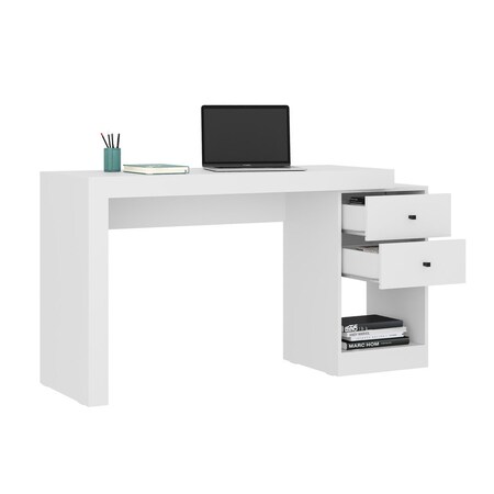 Homeroots 58" White Wood Writing Desk With Two Drawers 723768