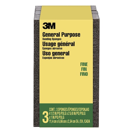 3M General Purpose Sanding Sponge, Block, 2 5/8 in x 4 1/2 in x 1 in, Fine, 6PK CP001-3PK-LG