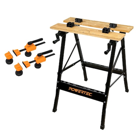 Powertec Portable Workbench w/ Bench Dogs, Quick Release Bench Dog Clamps, Imprinted Ruler & Protractor Scale MT4006CN
