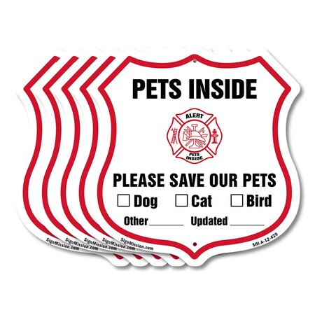 Signmission Pets Inside Shield Sign Alert Please Sav, 12 inch X 12 inch, Aluminum Metal Sign, 5PK SHI-A-5Pack-12-429