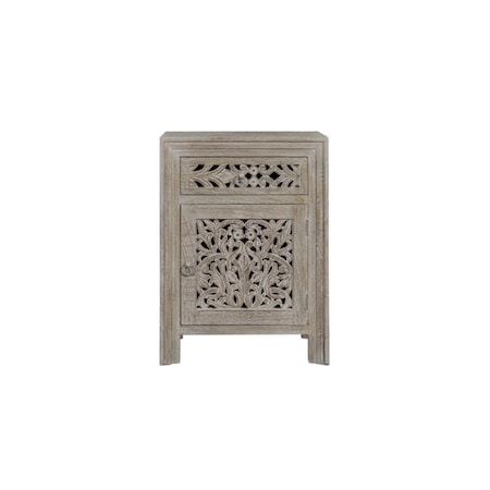 Homeroots 30" Gray Solid Wood Distressed Carved Floral One Drawer Nightstand 569581