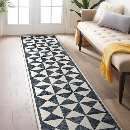 World Rug Gallery Geometric Diamond Washable Non Slip Runner Rug 2 ft x 8 ft Cream WR74CREAM2X8