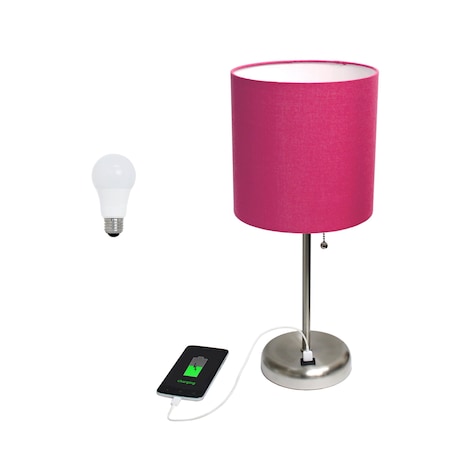Homeroots 20" Silver Metal USB Table Lamp LED With Pink Drum Shade 642924