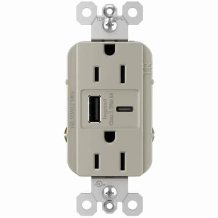 Legrand radiant USB Outlet, 15 A, 125 V, Type A, C USB, NEMA: NEMA 5-15R, Nickel R26USBAC6NICCV4