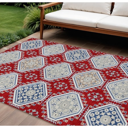 Homeroots 10' X 14' Red And Navy Blue Floral Washable Indoor Outdoor Area Rug 610774