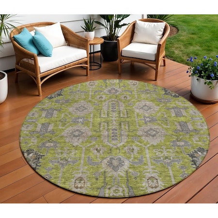 Homeroots 8' Olive Green Gray And Charcoal Round Oriental Washable Indoor Outdoor Area Rug 582106