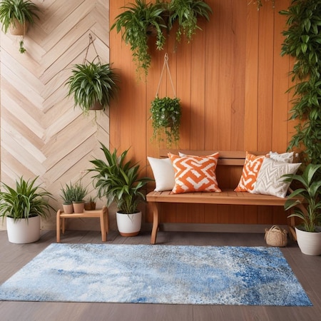 Homeroots 8' Runner Ivory Blue and Gray Abstract Washable Non Skid Indoor Outdoor Runner Rug 559587