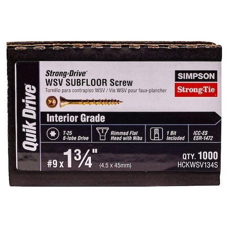 Simpson Strong-Tie Strong-Drive WSV Subfloor Screw, No 9 Thread, 1-3/4 in L, Rimmed Flat Head, T25 Drive HCKWSV134S