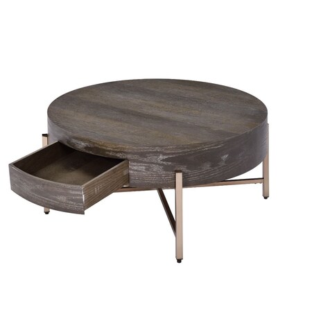 Homeroots 32" Dark Brown and Champagne Wood And Metal Round Sled Coffee Table With Drawer 490516