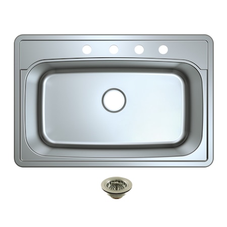 Kingston Brass 33-Inch Stainless Steel Self-Rimming Single Bowl Drop-In Kitchen Sink, 4-Hole with Strainer KGKTS3322908