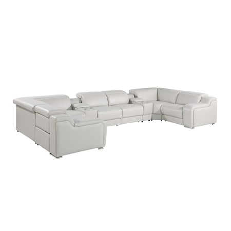 Homeroots Light Gray Italian Leather Power Reclining U Shaped Eight Piece Corner Sectional With Console 632566