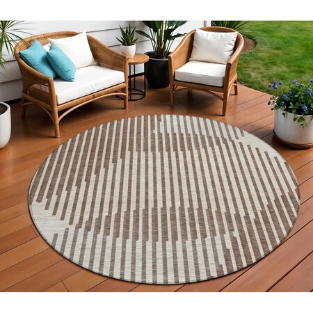 Homeroots 8' Brown And Beige Round Geometric Washable Indoor Outdoor Area Rug 597609