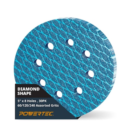 Powertec 5 in. 8-Hole Hook and Loop Diamond Shaped Sanding Discs, Assorted Grits 60/120/240, 30PK 44901N