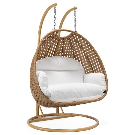 Leisuremod Mendoza Light Brown Wicker Hanging 2 person Egg Swing Chair with White Cushions MSCLBR-53W