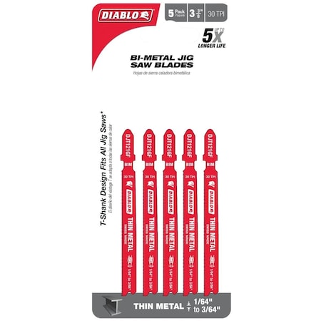 Diablo T-Shank 3-5/8'' x 30 TPI Bi-Metal Jig Saw Blade for Thin Metal, 5PK DJT121GF5
