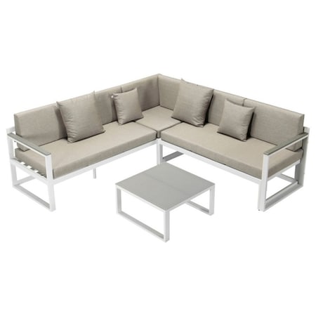 Leisuremod Chelsea White Sectional With Adjustable Headrest & Coffee Table With Beige Cushions CSLW-80BG