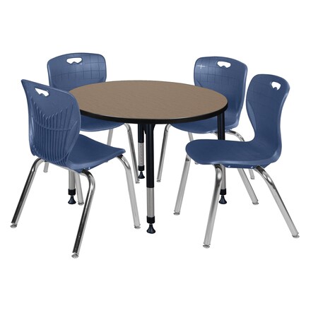 Regency Round Kee Adjustable Classroom Table W/ 4 Andy Stack Chairs, 42 in W, 42 in L, Noble Oak TB42RNDNOAPBK40NV