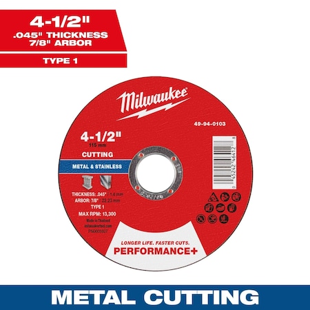 Milwaukee Tool Cut-Off Wheel, 7/8" Sz, 4 1/2" dia. 49-94-0103