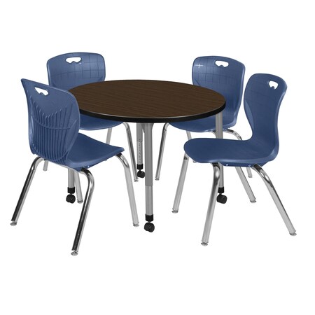 Regency Round Kee Mobile Adjustable Classroom Table W/ 4 Andy Chairs, 42 in W, 42 in L, Neo Walnut TB42RNDNWAPCGY40NV