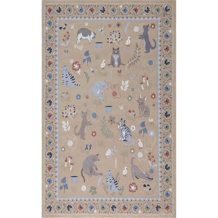 Jonathan Y Catmosphere Festive Feline Floral Border Non-Slip Machine-Washable Tan 8 ft. x 10 ft. Area Rug ANM100A-8