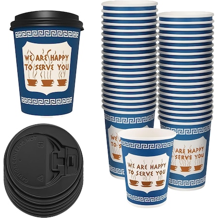 Ecoquality 12oz Insulated Paper Hot Cups With Black Dome Lids New York Greek Design Cups, 50PK EQ12OZANGPCBDL-50