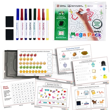 Handmoto Dry-Erase Learning Board, 8 Markers, 30 Activity Sheets - MegaPack Series MP-MO-1
