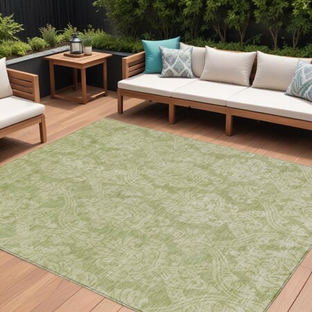 Homeroots 10' X 14' Artichoke Green And Beige Damask Washable Indoor Outdoor Area Rug 616513
