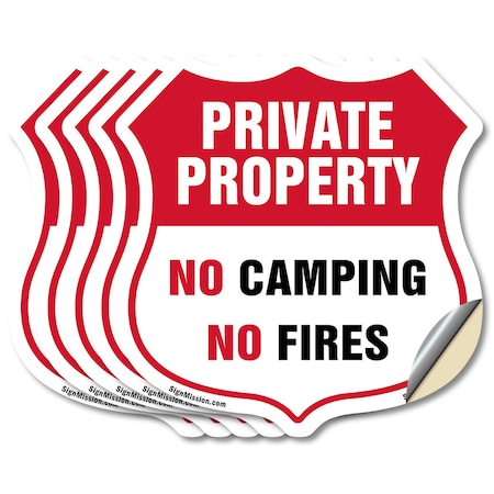 Signmission Private Property Shield Sign No Camping, 4 inch X 4 inch, Vinyl Decal, 5PK SHI-D-5PACK-4-441