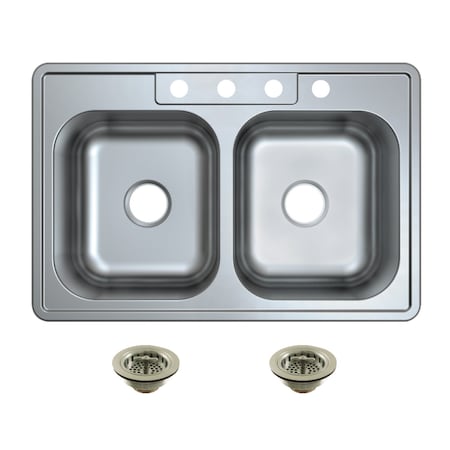 Kingston Brass 33-Inch Stainless Steel Self-Rimming Double Bowl Drop-In Kitchen Sink, 4-Hole with Strainer KGKTD332288
