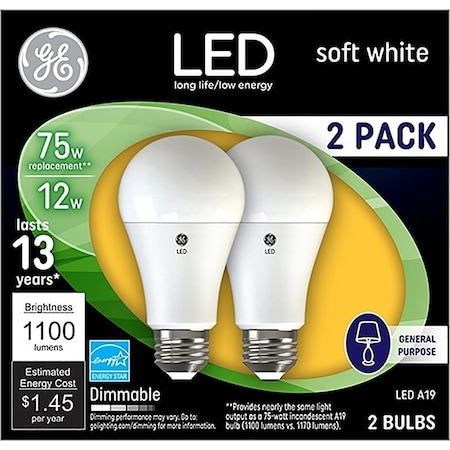 Ge Light Bulb, General-Purpose, A19 Lamp, 75 W Equivalent, Medium E26 Lamp Base, Dimmable, PK2 93127324