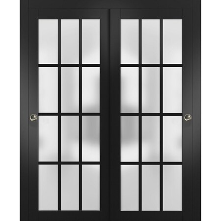 Sartodoors Sliding Closet 12 Lites Bypass Doors, Felicia 3312, Sturdy Rails Moldings Trims Hardware Set, Woo FELICIA3312DBD-BLK-6496