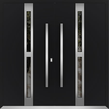 Vdomdoors Metal Double Doors Deux 1755 Black Enamel Opaque Black Glass Top Transom Entry Modern Painted (W72x DEUX1755DEXD-BLK-W72xH96-LH-O