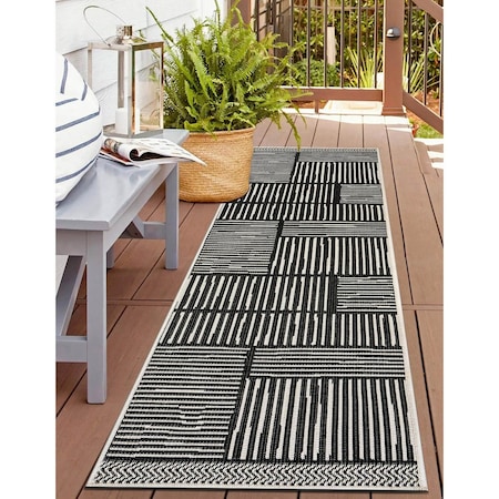 World Rug Gallery Contemporary Stripe Weather Resistant Reversible Indoor/Outdoor Rug 2 ft x 7 ft Black WR113BLACK2X7