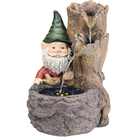 Lumineo 16.9'' W.x17.7'' H.x12.8'' L. Glassfiber Reinforced Concrete Log Waterfall Solar Fountain with Gnome 9892954