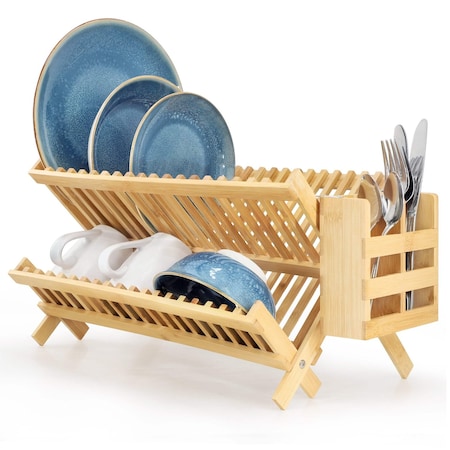 Megachef 2-Tier Collapsible Kitchen Bamboo Drying Dish Rack with Utensil Holder 750122139M